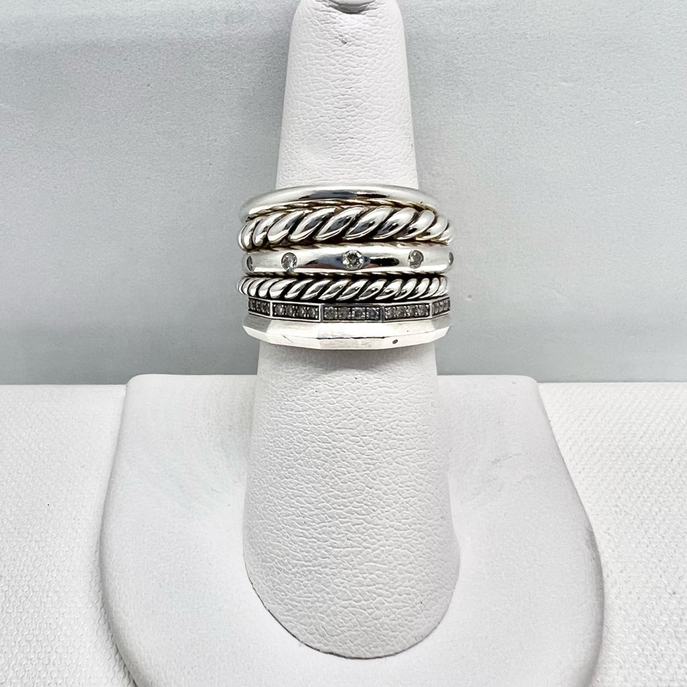 David Yurman Sterling Silver Pave Diamond Stax Six Row Band Ring - Picture 7 of 11